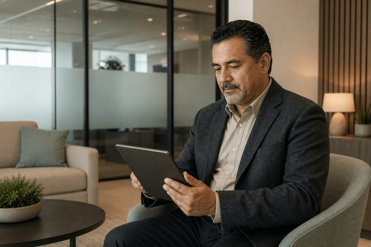 Profesional de recepción legal revisando una solicitud de consulta